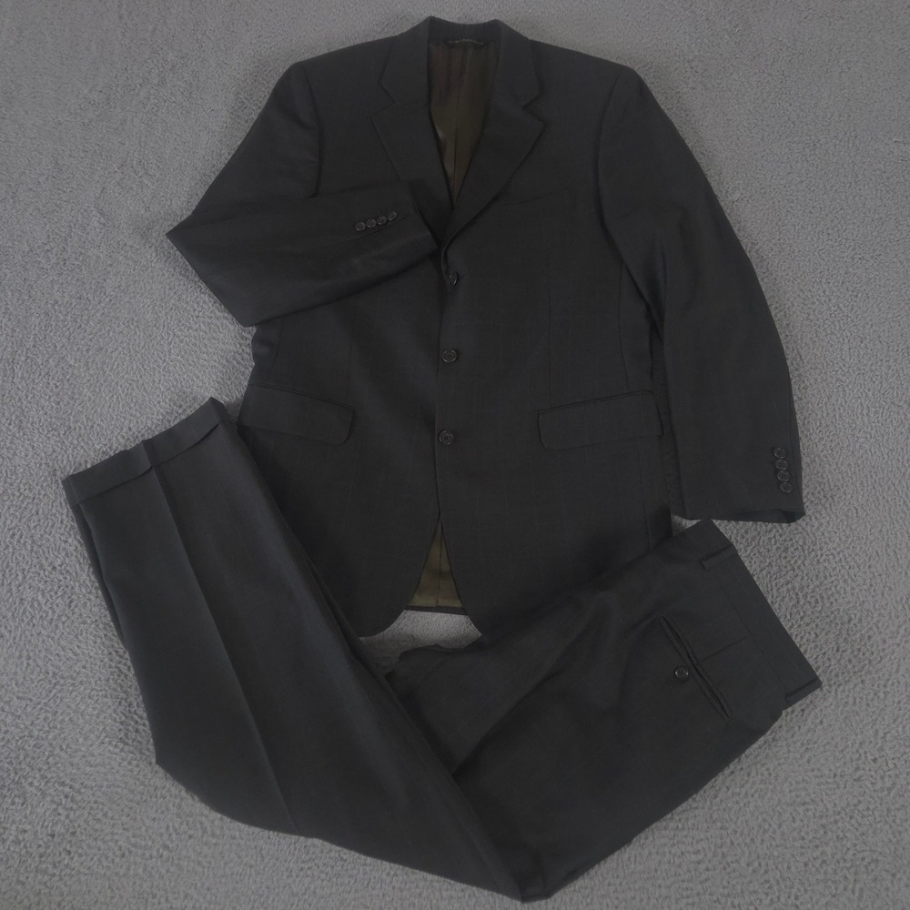 Bachrach 2-Piece Suit Mens 44 Long Pants 36x33 Windowpane Wool Pleated Cuffed